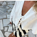 the BOHO TIE - Female Street Tops Linen Lace Up Long Sleeve Fashion Chic Casual Loose V-Neck Shirt
