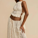 the BELLY DANCER - Sexy Boho Backless Matching Suit 2 Piece Beach Outfits Vintage Ruched Halter Cami Tops + Maxi Long Skirt