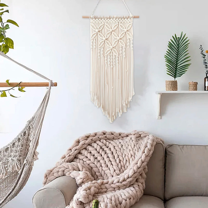 the WOVEN WALL - Macrame Wall Hanging Tapestry, Handmade Ethnic Chic Tapestry, Woven Wall Art Décor, Beige Tassel Cotton Crochet Decoration