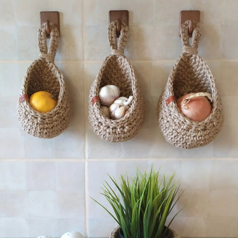 the WOVEN - 1PC Hanging Fruit Basket, Boho Jute Hanging Organizing Baskets, Handwoven Decorative Kitchen Fruit Vegetable Storage Baskets