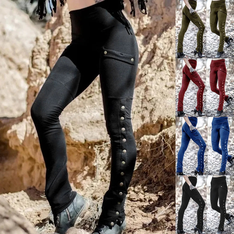 Pants Costumes for Women Medieval Gothic Steampunk Rivet Split Leg Pants Elastic Pocket Pencil Pants Female Clothes