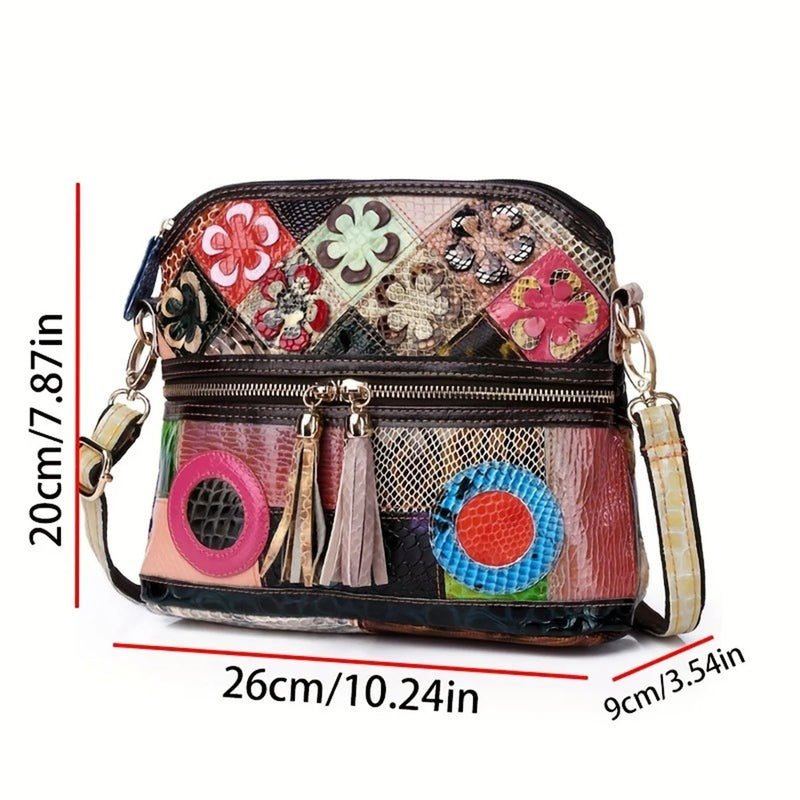 the HIPPIE HOBO - Casual Multi Color Messenger Bag, Snake Pattern Women's Colorful Flowers Splicing Tassels Single Shoulder Purse