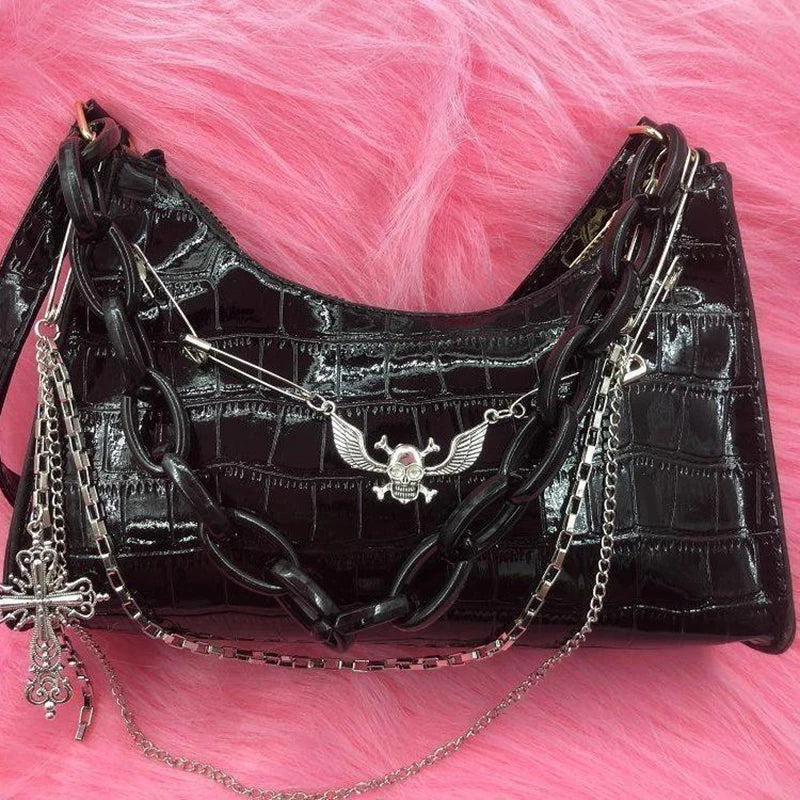 the VAMP GIRL - Retro Women's Underarm Bag, Trend Gothic Skull Chains Handbags and Purse, High Street Punk Cross Shoulder Bags