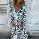 the LOUNGER BOHO - Vintage Leopard Print Bohemian Casual V-Neck Loose Long Sleeve Maxi Dress for Women