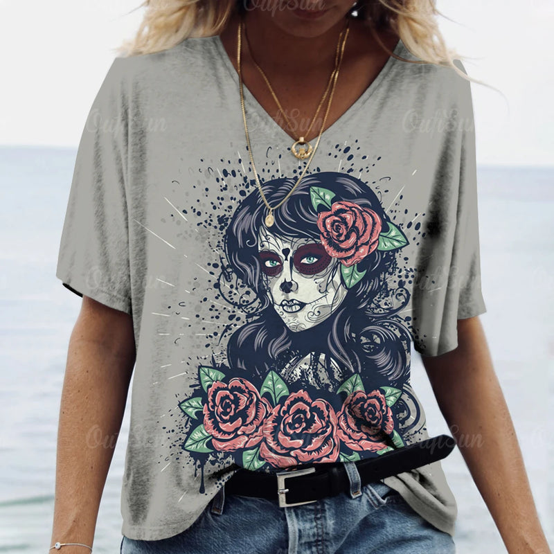 2023 Vintage Skull Face Women's T Shirt Tops V Neck Casual Cotton Short Sleeve Pullover Summer Female Harajuku Punk Streetwear