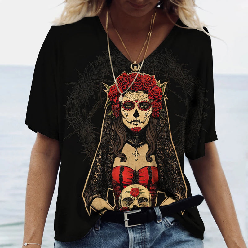 2023 Vintage Skull Face Women's T Shirt Tops V Neck Casual Cotton Short Sleeve Pullover Summer Female Harajuku Punk Streetwear