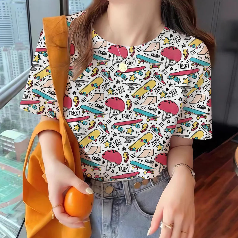 Summer Women's T Shirt Colorful Abstract Print O Neck Casual Short Sleeve Tees Female Overszied Clothing Fashion Street Pullover