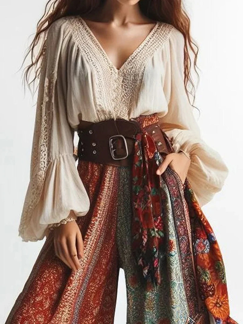 Lantern Sleeves Boho Blouse Solid Color V Neck Lace Patchwork Ethnic Style Women Tops Spring Summer Autumn Chic Blouses