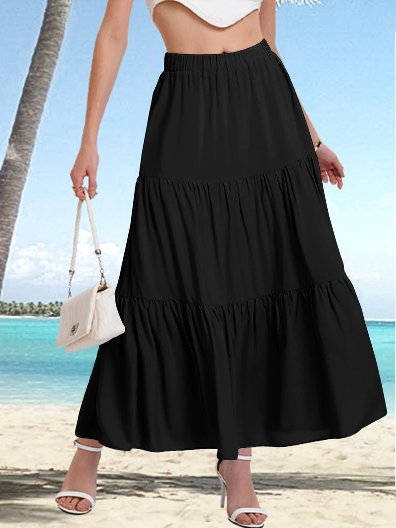 2024 Women's cross-border European and American summer Bohemian pleated A-line flowing swaying layered long skirt for wome