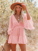 the MINI BOHO - Lace Tunic Sexy Deep V-Neck Button Bikini Cover-Ups Summer Sexy Ruffles Long Sleeves Mini Dresses
