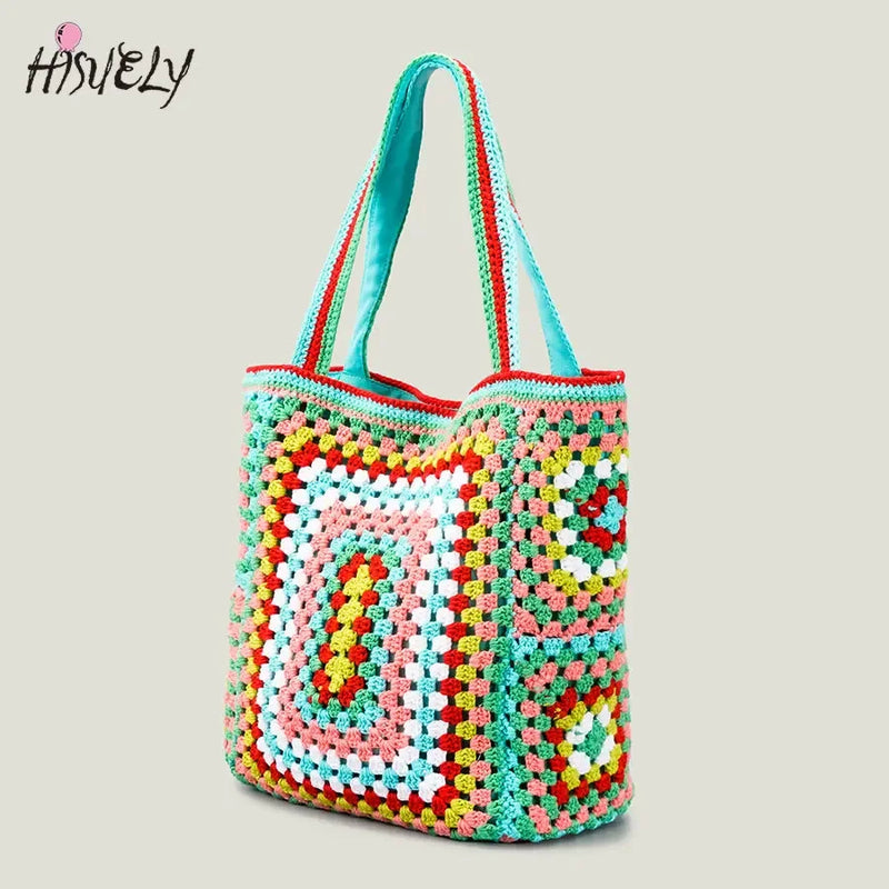 the CANCUN BOHO - Bohemian Crochet Women Shoulder Bags, Knitting Large Capacity Tote Bag, Casual Lady Handbags, Big Shopper Purses/Summer Beach Bags