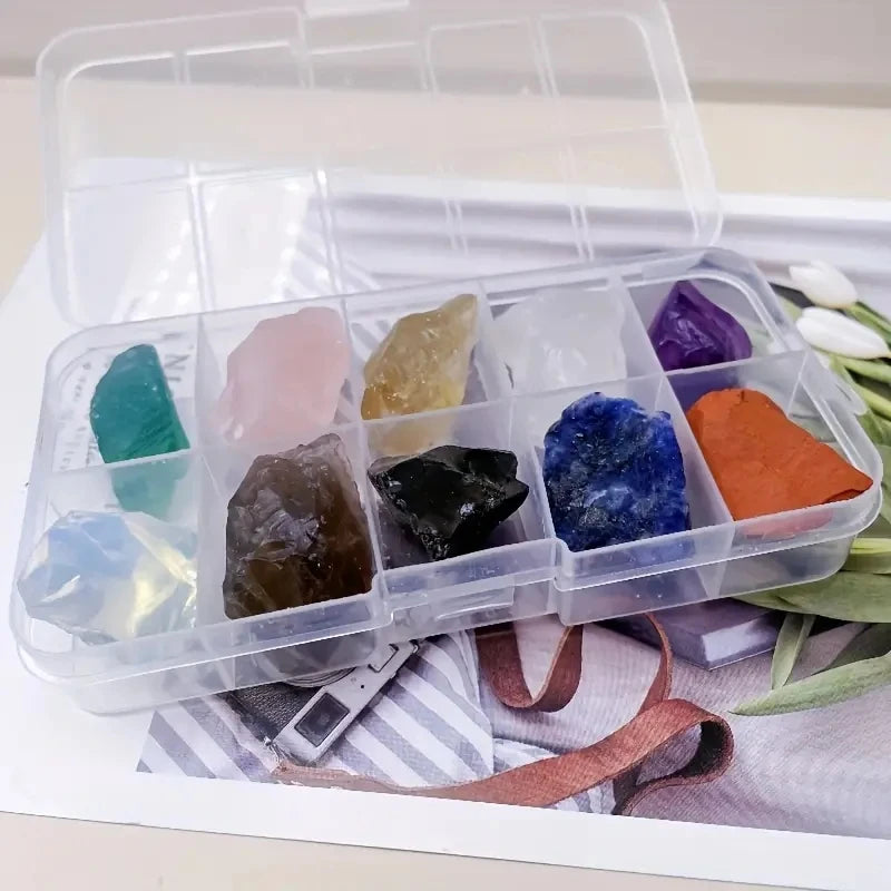 the ROCK BOX - 10PCs/Box Natural Crystal Rough Raw Set Energy Gemstones, Rough Rocks and Mineral Chakra Stone with Box