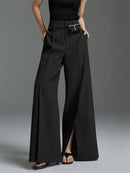 the SLACKS - Urban Female Fashion Loose Straight High-Waisted Pleated Split-Front Trousers