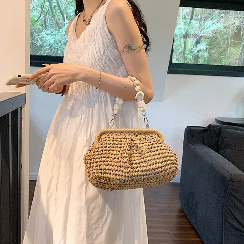 the BEAN BAG BOHO - Women Straw Crossbody Bag Clutch Purse, Weaving Shoulder Bag, Versatile Small Beading Handbag, Rattan Boho Summer Beach Woven Bag