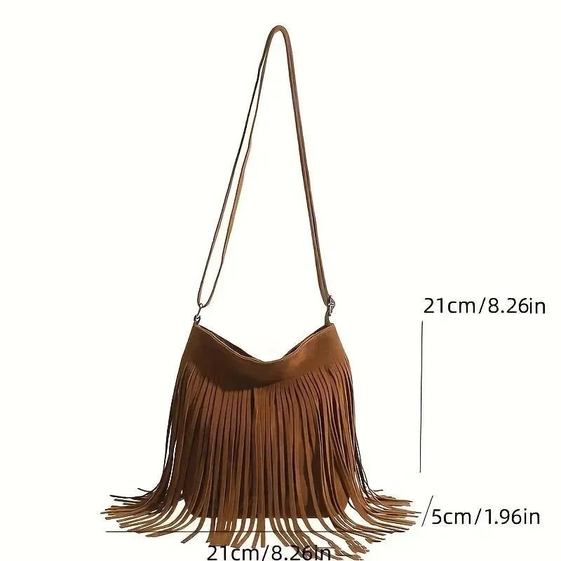 the TASSEL BOHO - Boho Style Fringe Crossbody Bag, Vintage Suede Shoulder Bag, Women's Large Capacity Casual Fringe Postman Shoulder Bag