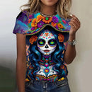 the SUGAR SKULL SENORITA - Women's Fashion Casual Sexy Short Sleeve Horror Undead Skull Pattern Oversized T-Shirts