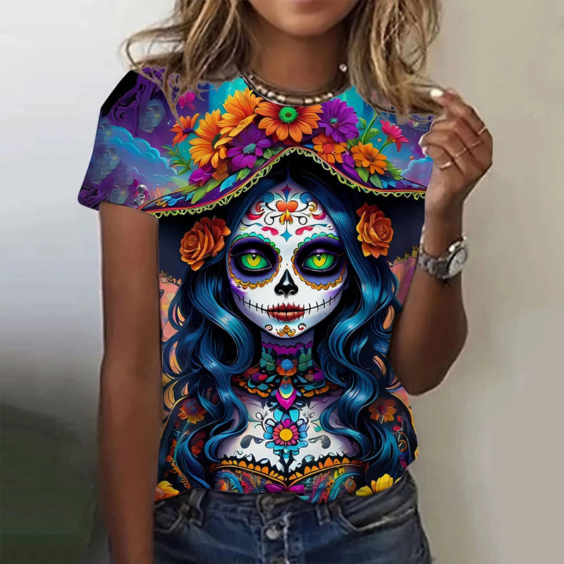 Women's T-shirt for Girls Summer Short Sleeve Casual Fashion  Sexy Girls Clothes Horror Undead Skull Pattern oversized T-shirts