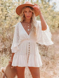 White Lace Tunic Sexy Deep V Neck Button Bikini Cover-ups Women Clothes 2025 Summer Sexy Ruffles Long Sleeves Mini Dress A1132