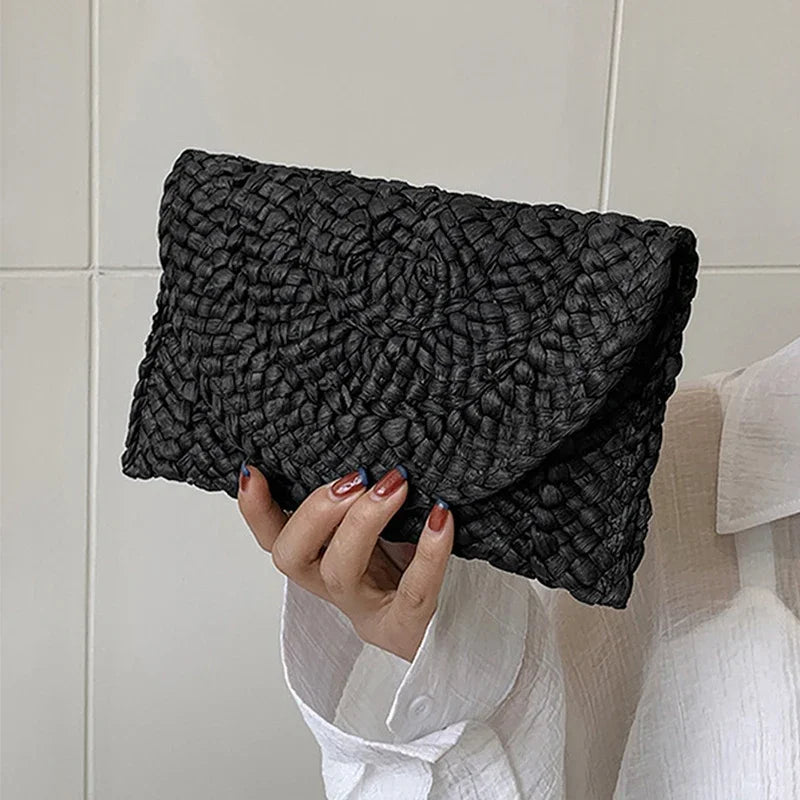 the LETTER BAG - Fashionable Corn Husk Straw Bags, Hand-Woven Women Clutch, Envelope Handbag Long Purse for Female, Summer Beach Bag