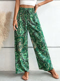 Women's Pants 2024 Summer New Fashion Versatile Printed Elastic Waist Wide Leg Pants Retro Ethnic Style Elastic Waist Trousers