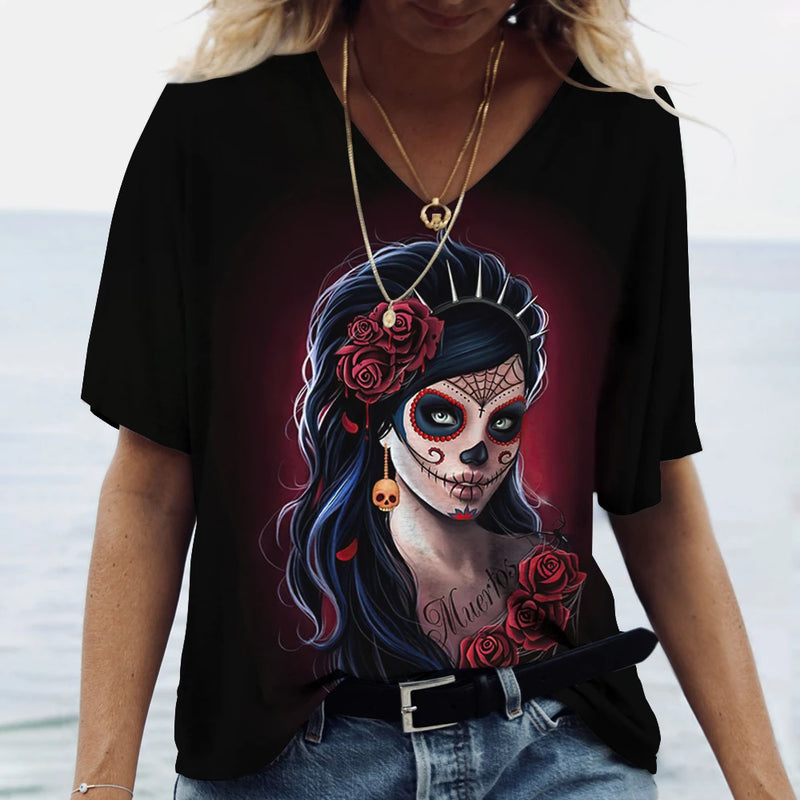 2023 Vintage Skull Face Women's T Shirt Tops V Neck Casual Cotton Short Sleeve Pullover Summer Female Harajuku Punk Streetwear