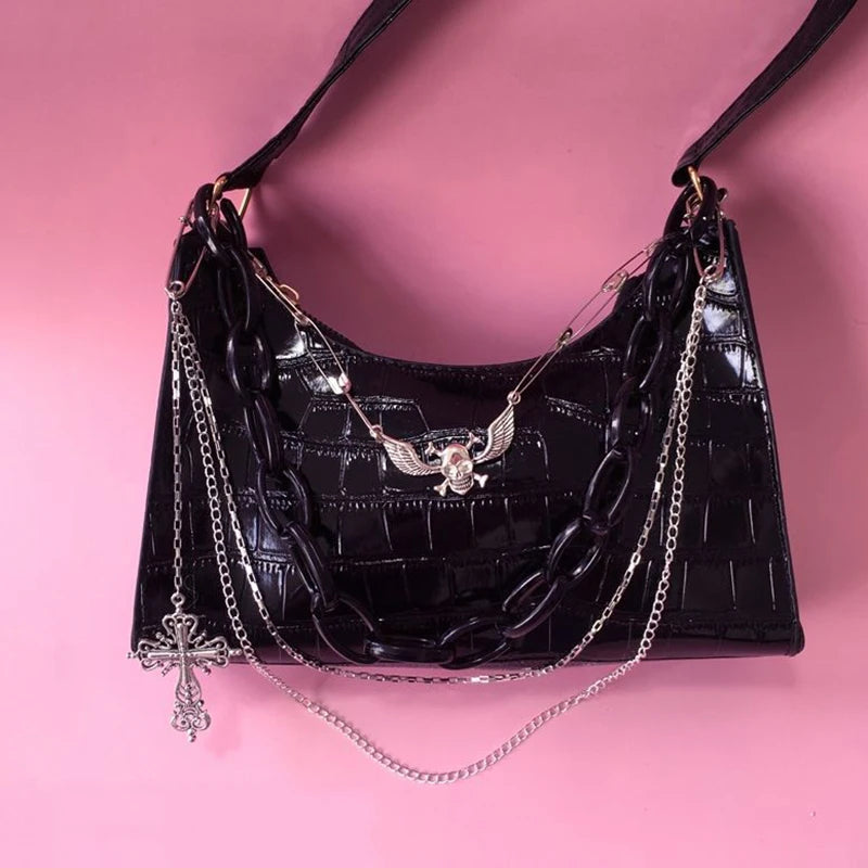 the VAMP GIRL - Retro Women's Underarm Bag, Trend Gothic Skull Chains Handbags and Purse, High Street Punk Cross Shoulder Bags