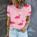 the FLAMINGO - Fashion Casual Flamingo Printed Trend High Quality Loose Short Sleeve Round Neck T-Shirts for Women