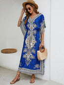 the BOHO SMOCK - Bohemian V-Neck Short Sleeve Beach Smock Summer Loose Casual Sunscreen Print Boho Long Dresses For Women