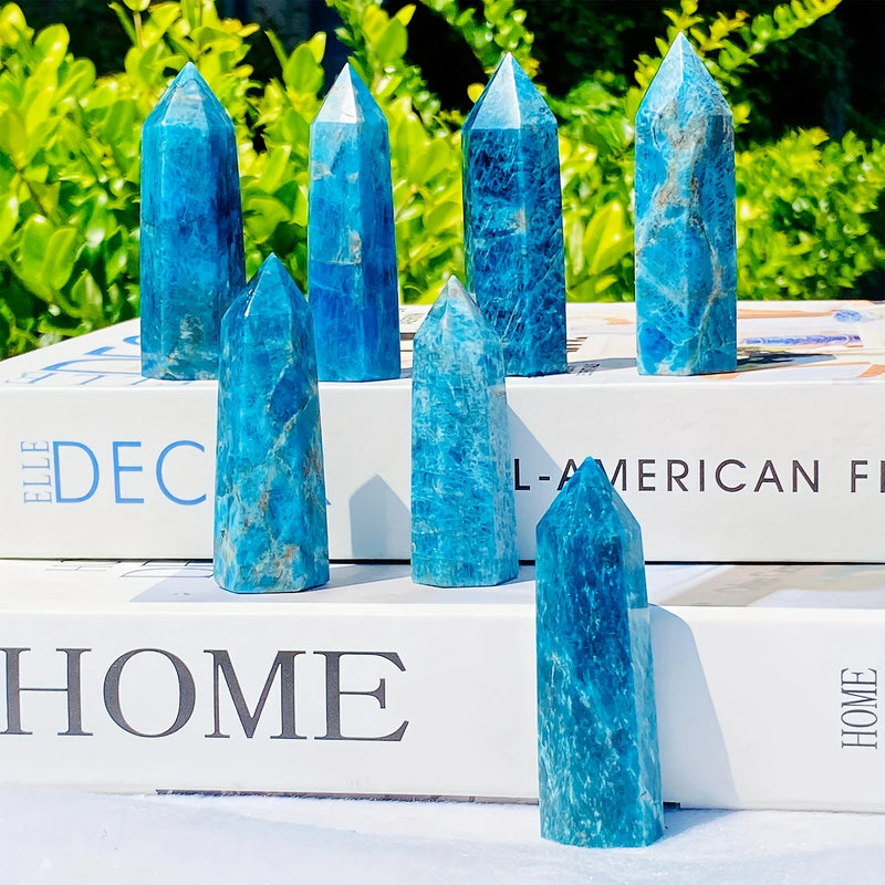 Blue Apatite Natural Crystal Tower, 6 Faceted Single Point Chakra Crystal Stone For Meditation Home Decor Collection Gift