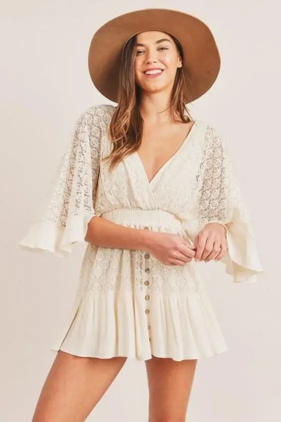 White Lace Tunic Sexy Deep V Neck Button Bikini Cover-ups Women Clothes 2025 Summer Sexy Ruffles Long Sleeves Mini Dress A1132