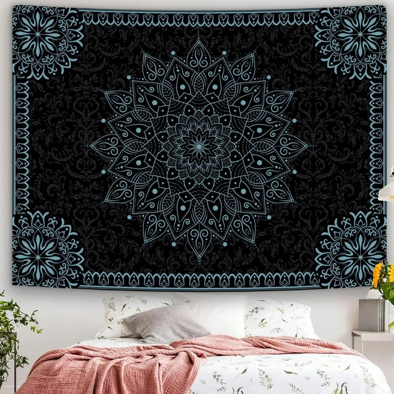 the BLUE LOTUS - Black Mandala Tapestry, Blue Lotus Bohemian Wall Hanging, Meditation Hippie Indian Bohemian Wall Art Tapestry