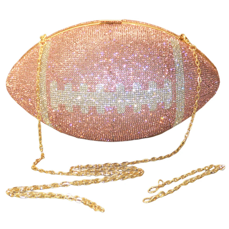 the FOOTBALLER - Football Shape Fashion Handbag. Large Capacity Rhinestone Bling Purse with Shoulder Chain, Shiny Diamond Purse