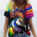 the PEACOCK - 3D Peacock Feathers Print Fashion Short Sleeve Casual V-Neck T-Shirts for Women