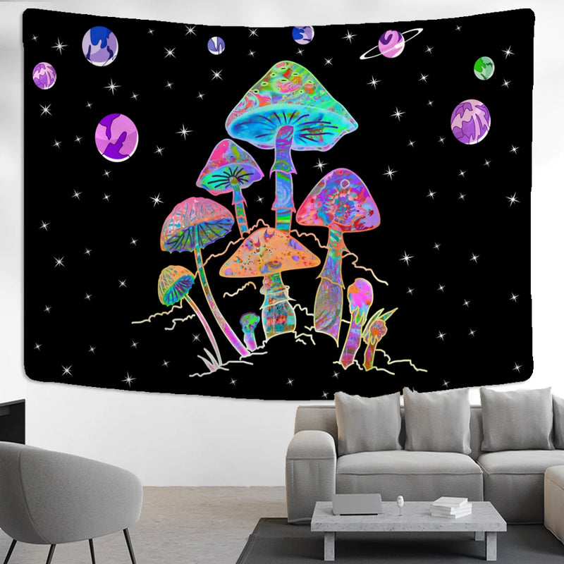 the PLANET MUSHROOM - Cartoon Planet Mushroom Tapestry Wall Hanging, Psychedelic Abstract Boho Kawaii Bedroom/Living Room/Bedroom Decor