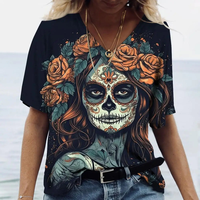 2023 Vintage Skull Face Women's T Shirt Tops V Neck Casual Cotton Short Sleeve Pullover Summer Female Harajuku Punk Streetwear