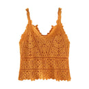 the DAINTY DAMSEL - Women Vintage V-Neck Vest Tops Summer Sleeveless Crochet Tops Hollow Lace Knitted Sling Camisole Tops
