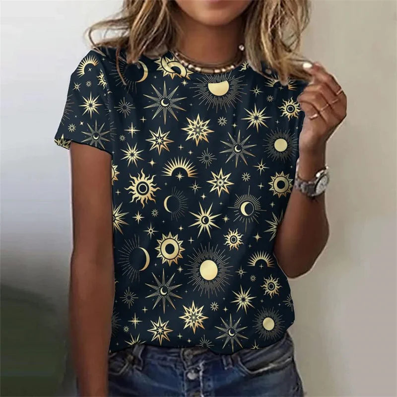 3D Printed Sun Stars Moon T Shirt For Women Starlit Sky Graphic Tees Summer Casual Loose T-Shirts Round Neck Tops Short Sleeves