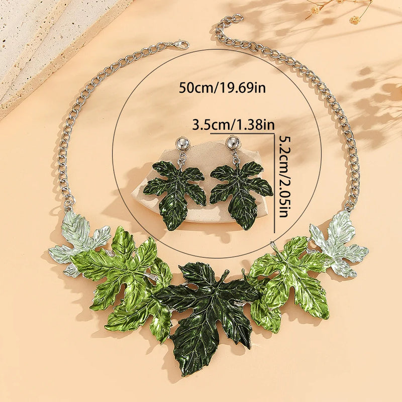 the MAPLE LEAF - Green Maple Leaf Alloy Necklace Set, Jewelry Exaggerated Leaf Necklace/Earrings