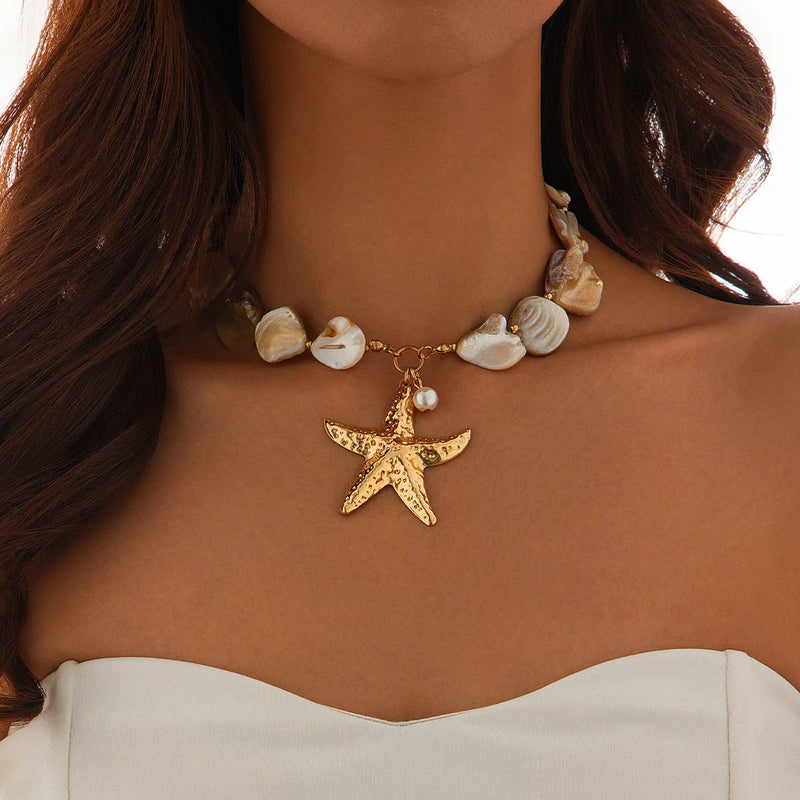 the BEACH COMBER - Retro Starfish White Shell Conch Pendant Necklace, Women Simple Creative Colorful Stones Hand Woven Beach Jewelry