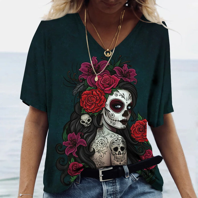 2023 Vintage Skull Face Women's T Shirt Tops V Neck Casual Cotton Short Sleeve Pullover Summer Female Harajuku Punk Streetwear