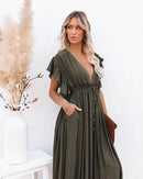 the BEACH BOHO - Summer Long Bikini Cover Ups Solid V-Neck Kimono Beach Lace Up Anti-Sun Swim Bohemian Sarong Dress for Women