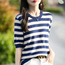 the CASHMERE - Sweater Short Sleeved Striped Sweater Pullover Knitted Cashmere Sweater for Women