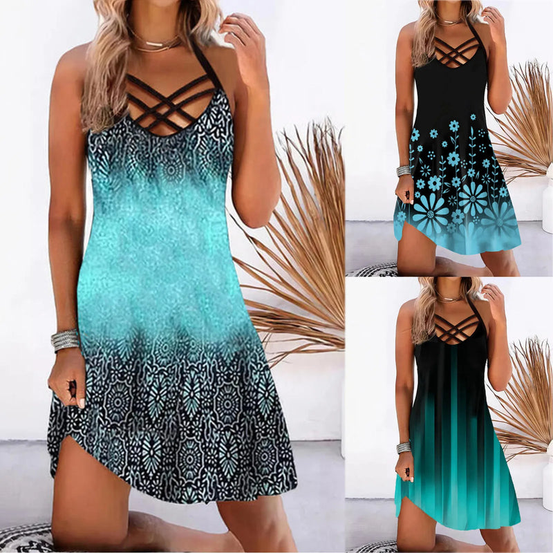 Beach Dress Summer 2025 Printed Sleeveless Women's Dress Boho Casual Party Vestidos Robe Hollow Out Short Dress