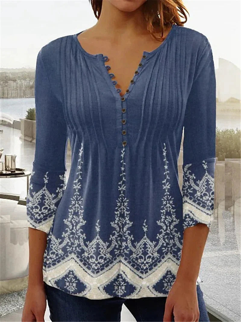 the FLOWER SHOP - Women's Vintage Floral Print Pleated Button Spring/Summer Fashion V-Neck 3/4 Sleeve Elegant Slim Blouse Tops