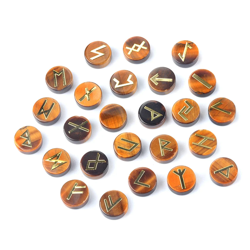 the RUNES - 25pcs Natural Crystal Runes Signs Round Stone Runic Alphabets Letters Sacred Symbol Healing Gem Energy Amulet Reiki Chakra Set