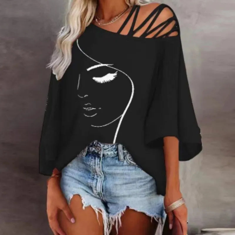 Women's Fashion Tees Casual Top 2023 Summer Print Hollow Out Female Sexy Loose T-shirt S-XXL