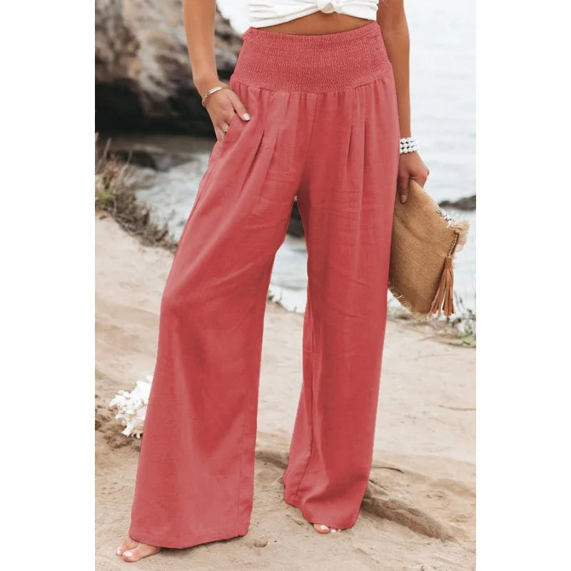 TEELYNN Casual High Elastic Waist Cotton Linen Pants Women Boho Beach Wear Wide Lag Pants Loose Oversize Casual Pants XXXL Size