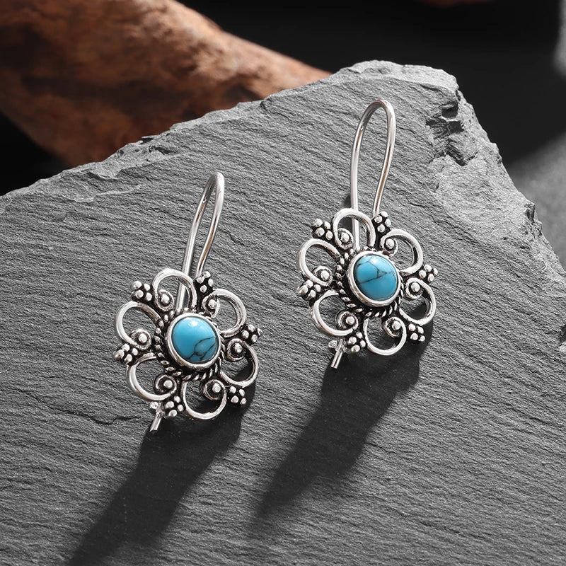 the ANTIQUE FLOWER - Beautifully Inlaid Blue Turquoise Flower Hypoallergenic Earrings for Women, Stylish Elegant Banquet Jewelry