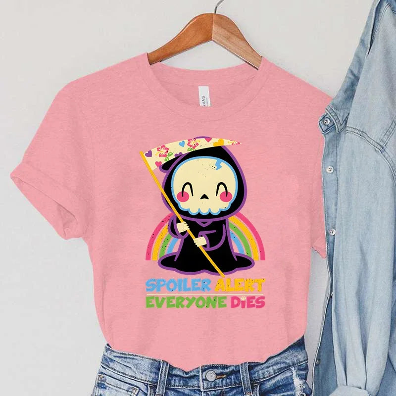 Skull T-shirts Women Cartoon Rainbow Tshirts SPOILER ALERT Everyone Dies Print Women's Clothing Vintage90s Sickle Women T-Shirts