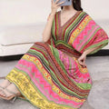 Casual Elegant Retro Bohemian National Style V-neck Elastic  Waist Large Swing Printed Summer Long Skirt Woman Dress Clothes